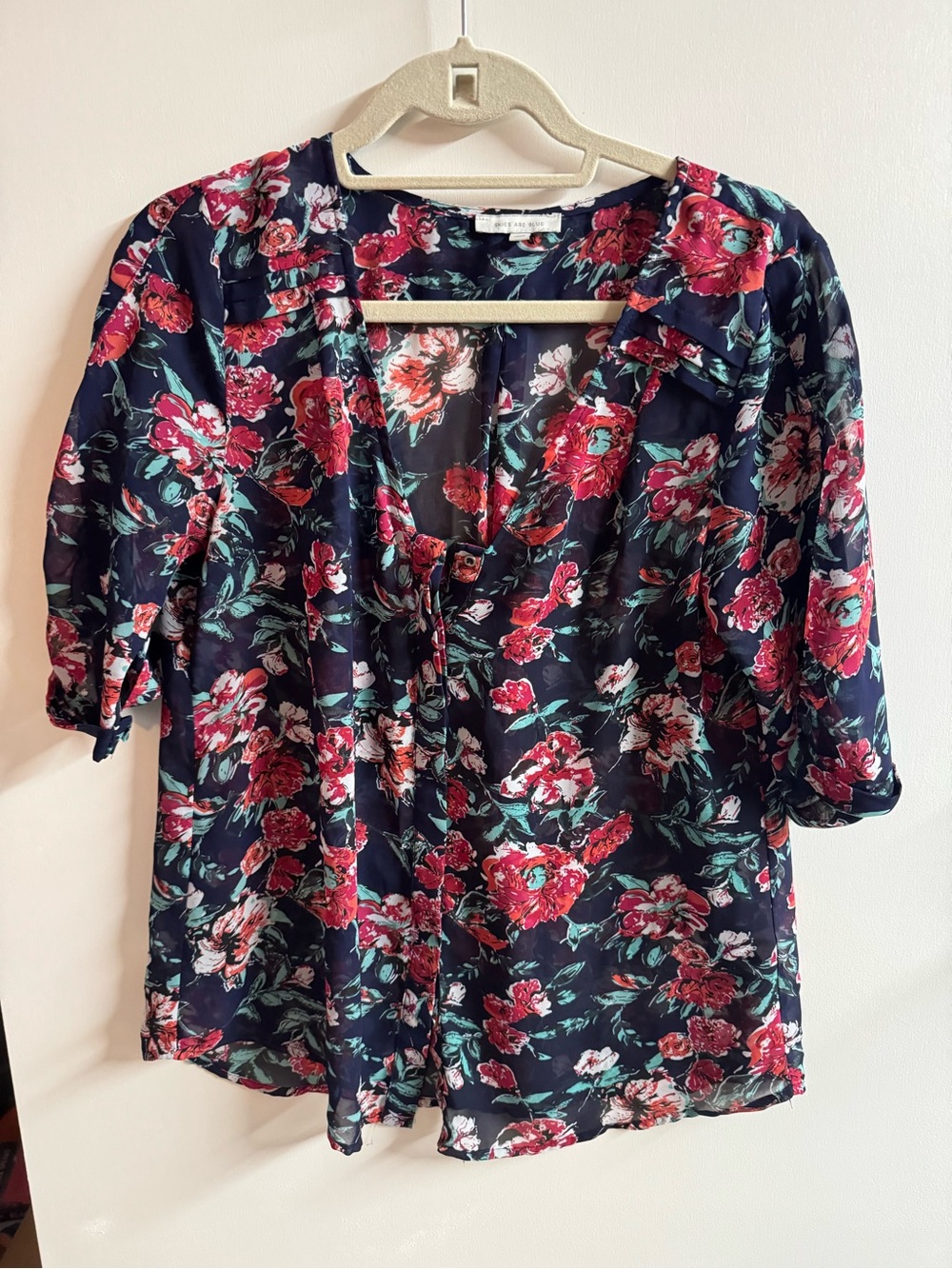 Skies Are Blue Navy Floral Tie-Front Blouse